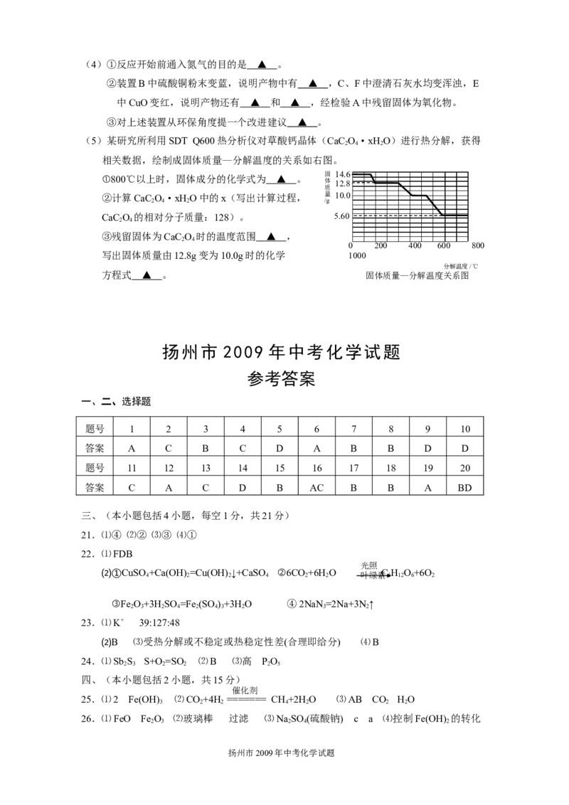 2009年扬州市中考化学试题及答案_中考真题_5.化学中考真题2015-2024年_地区卷_江苏省_扬州中考化学08-22