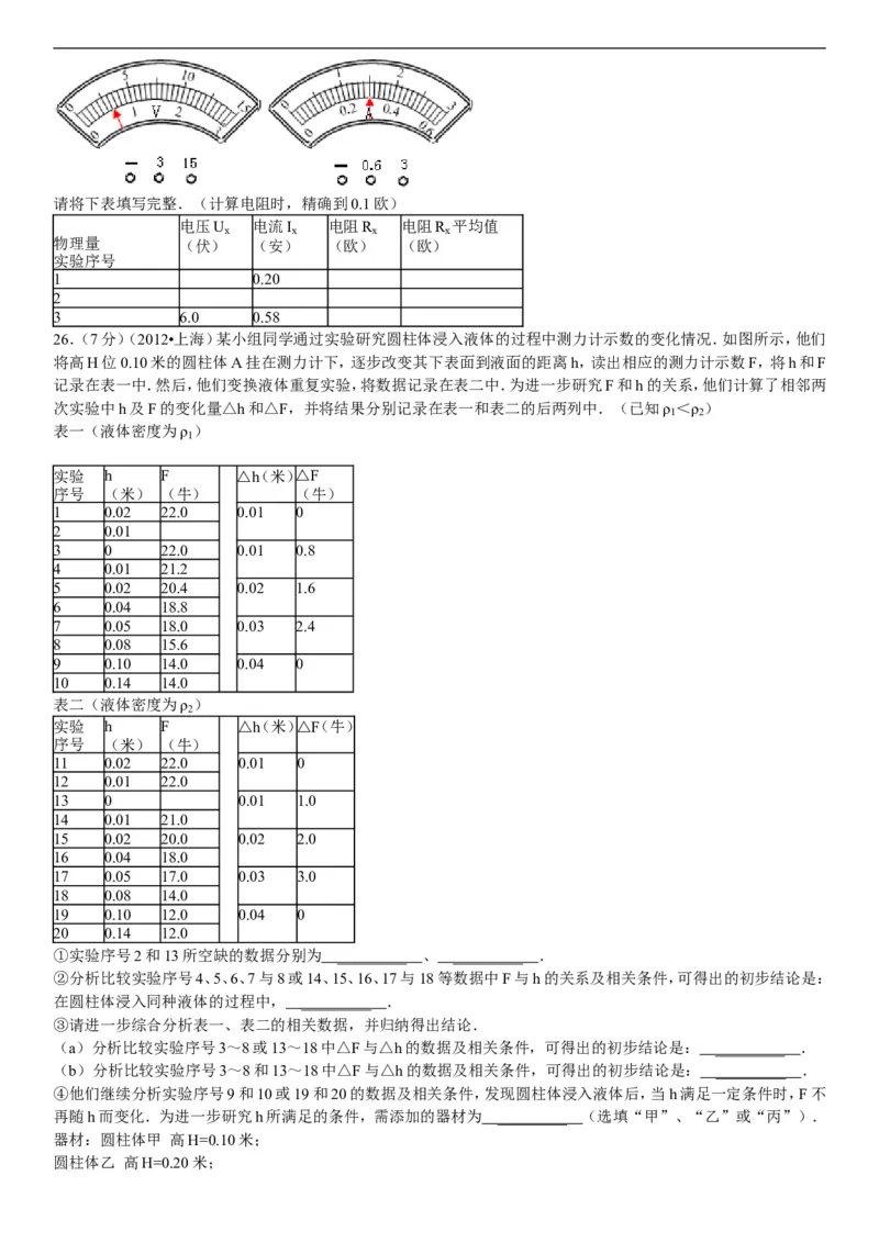 2012年上海市中考物理试题及答案(Word)_中考真题_4.物理中考真题2015-2024年_地区卷_上海中考物理08-21