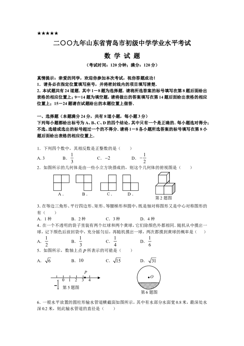 2009年青岛市中考数学试题及答案_中考真题_2.数学中考真题2015-2024年_地区卷_山东省_山东青岛数学08-22