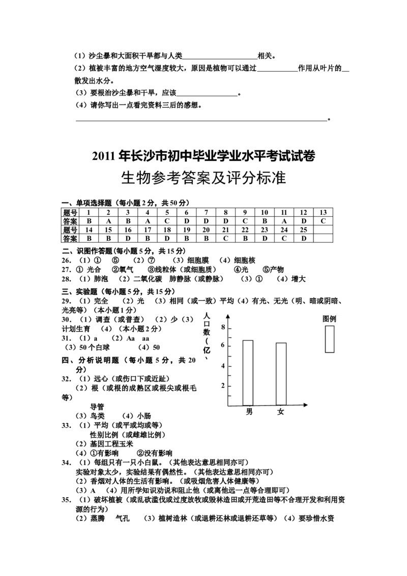 2001年长沙市中考生物试题和答案_中考真题_8.生物中考真题2015-2024年_地区卷_湖南省_湖南长沙生物08-22
