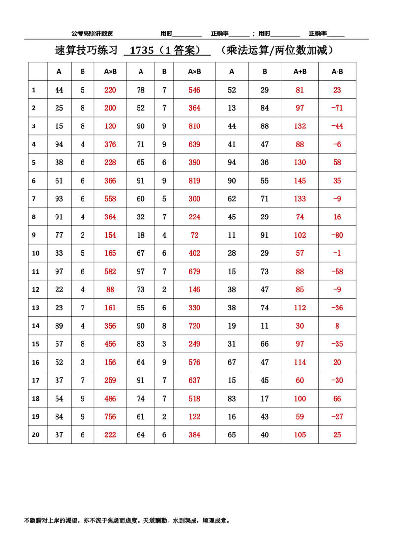 新速算1733-1742（答案版）_2026考公资料_超格合集_数资高照合集_速算高照抖音速算直播课_速算每日打卡题