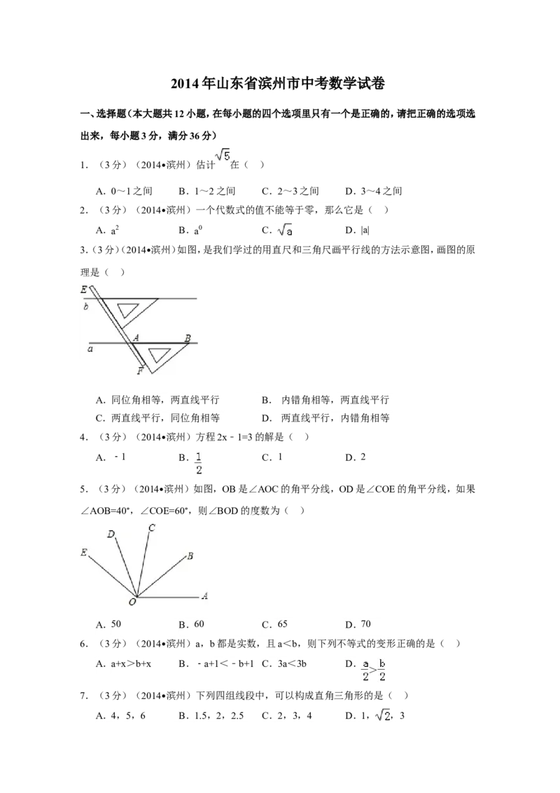 2014年山东省滨州市中考数学试卷（含解析版）_中考真题_2.数学中考真题2015-2024年_2014年全国中考数学170份