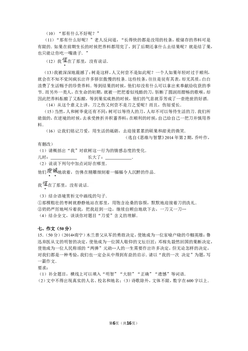 2014年广西南宁市中考语文试卷及解析_中考真题_1.语文中考真题2015-2024年_地区卷_广西省_语文南宁11-22_南宁中考语文