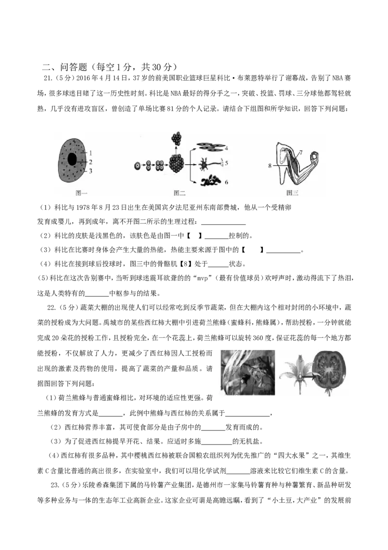 2016年德州市中考生物试题及答案_中考真题_8.生物中考真题2015-2024年_地区卷_山东省_山东德州生物11-20