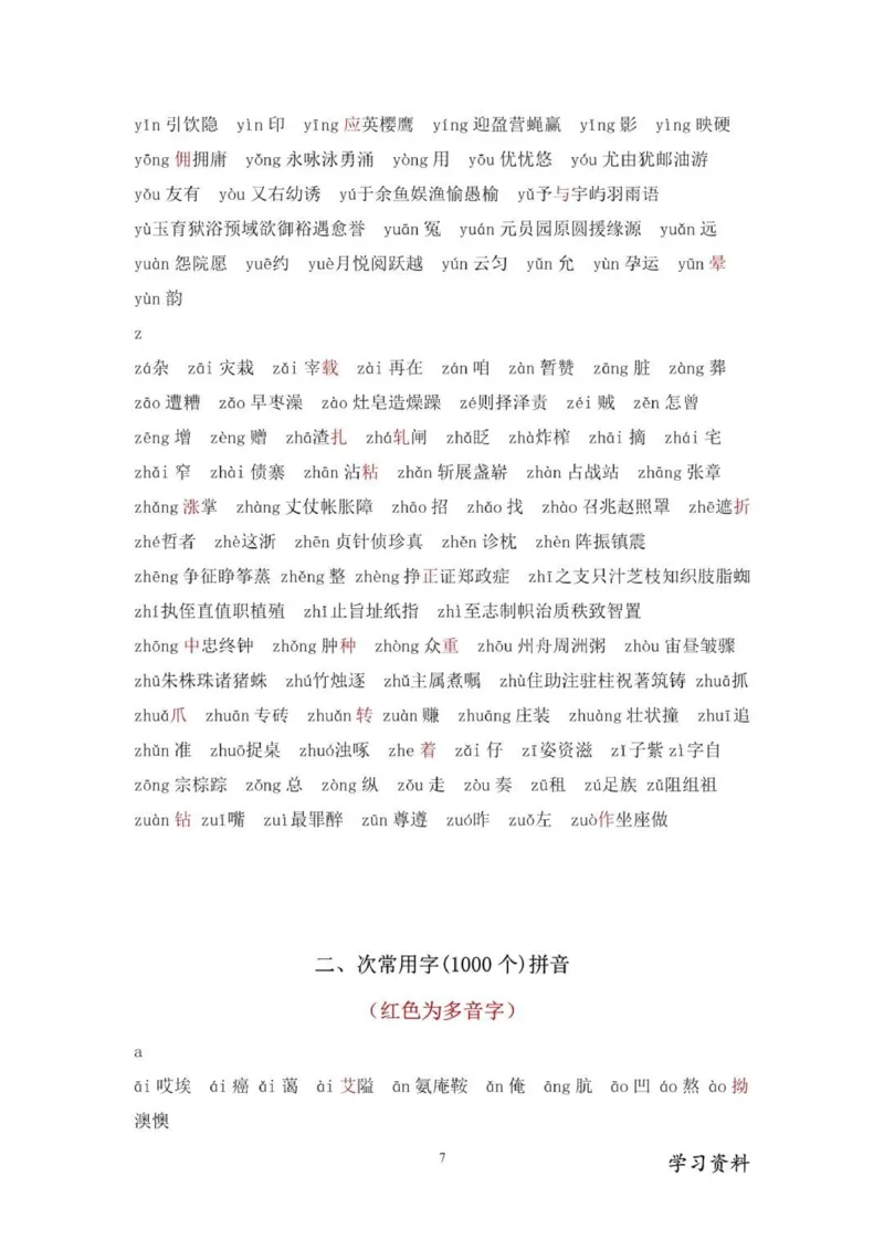现代汉语3500个常用字(按拼音排序)_普高真题卷_广东语文普高学考(春考)_复习资料