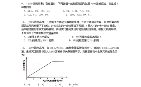 2009年高考化学试卷（海南）（空白卷）_1.高考2025全国各省真题+答案_01.2008-2024全国高考真题（按省份分类）_29.海南_2008-2024&middot;（海南）化学高考真题