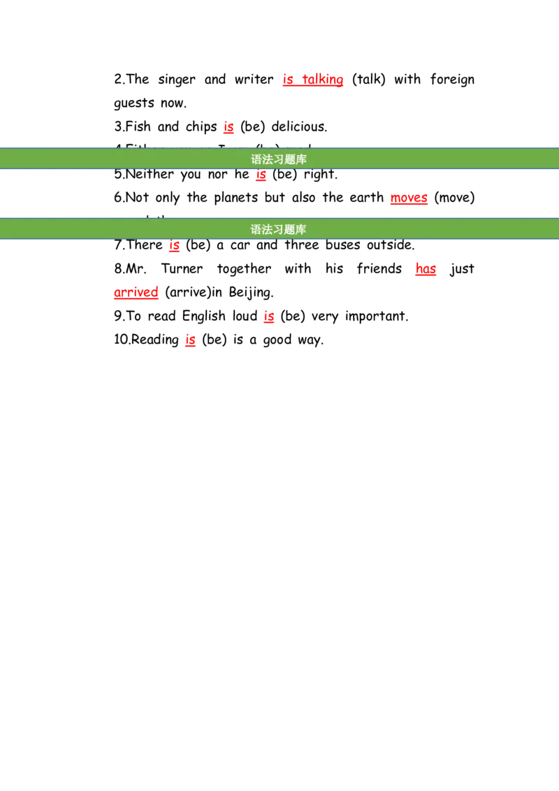 No.84主谓一致和倒装练习题②答案解析_初中英语语法_最全初中英语语法习题_No.84主谓一致和倒装练习题②