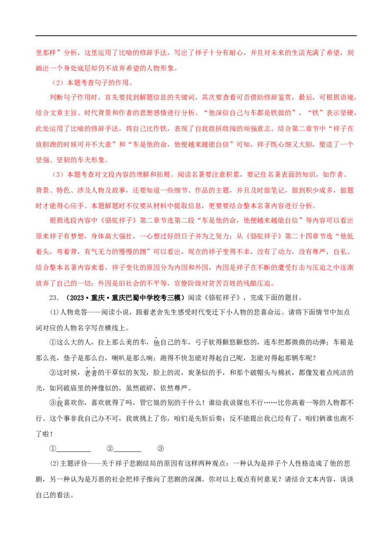 专题03《骆驼祥子》真题精练（单一题）（解析版）_120中考语文全套复习_中考语文复习总复习_专项复习资料_完2024年中考语文名著阅读知识知识梳理+真题练习_答案解析版