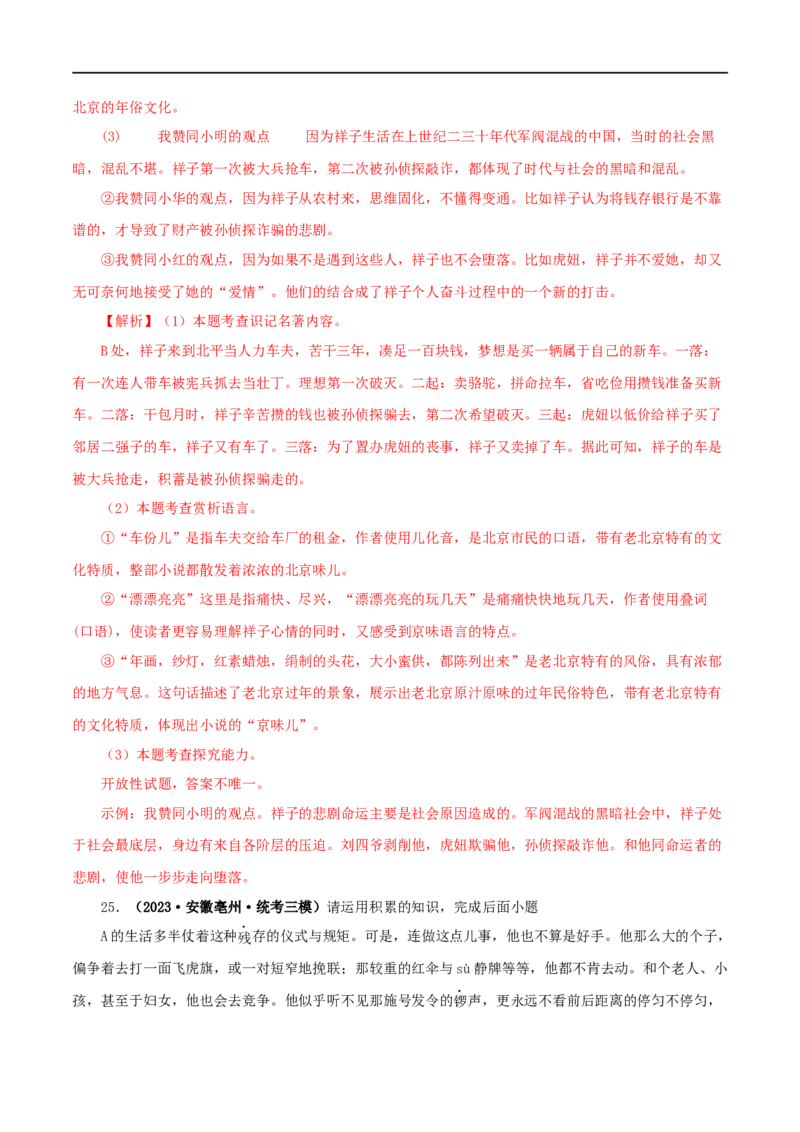 专题03《骆驼祥子》真题精练（单一题）（解析版）_120中考语文全套复习_中考语文复习总复习_专项复习资料_完2024年中考语文名著阅读知识知识梳理+真题练习_答案解析版