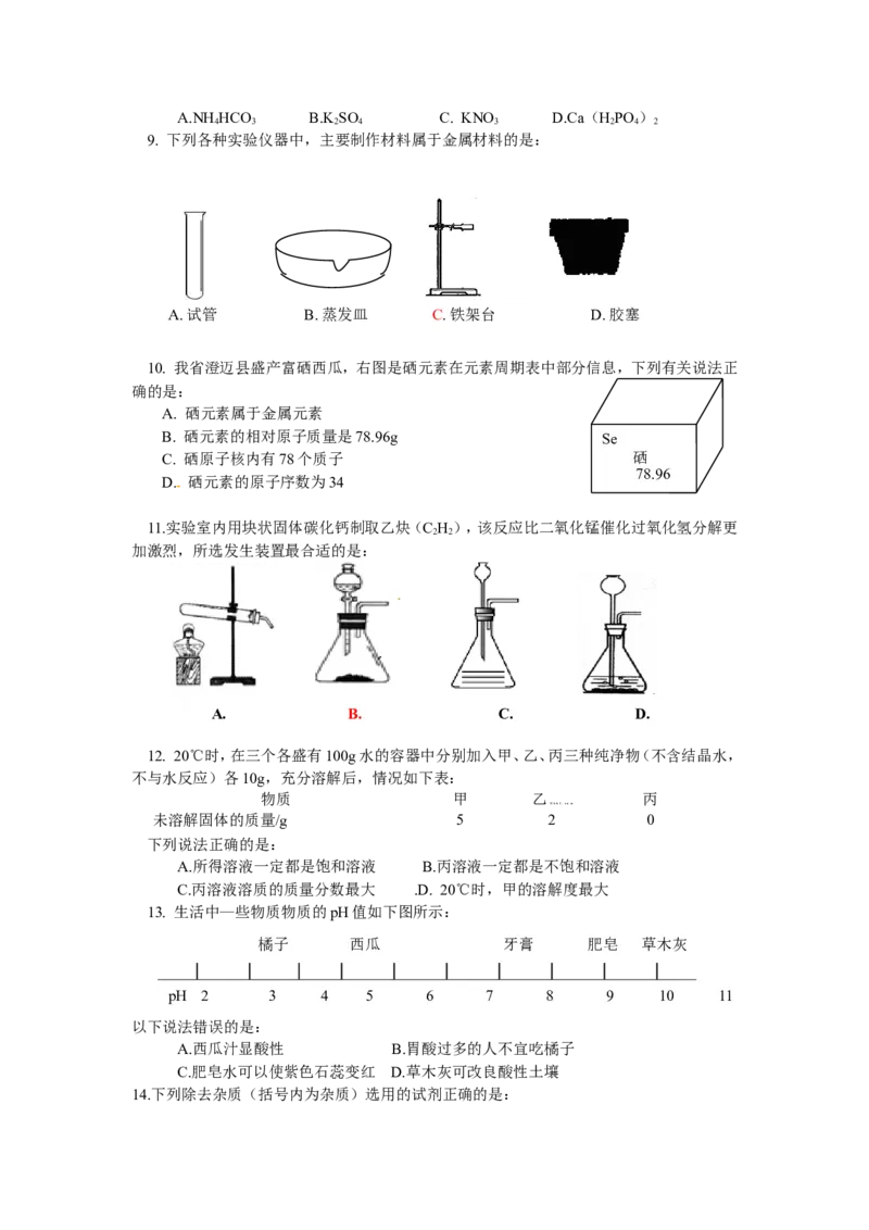 2014年海南中考化学试题及答案_中考真题_5.化学中考真题2015-2024年_地区卷_海南中考化学08-21