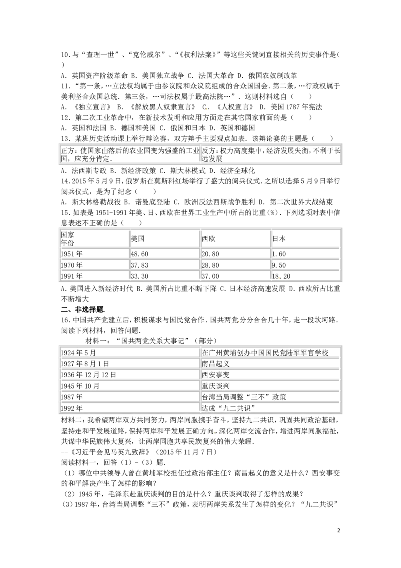 2016年山东淄博中考历史试题_中考真题_6.历史中考真题2015-2024年_地区卷_山东省_山东淄博历史10-21缺20