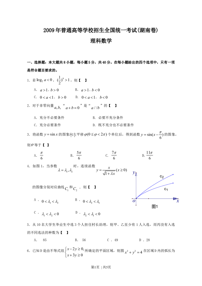 2009年高考数学试卷（理）（湖南）（空白卷）_1.高考2025全国各省真题+答案_01.2008-2024全国高考真题（按省份分类）_8.湖南_2008-2024&middot;（湖南）数学高考真题