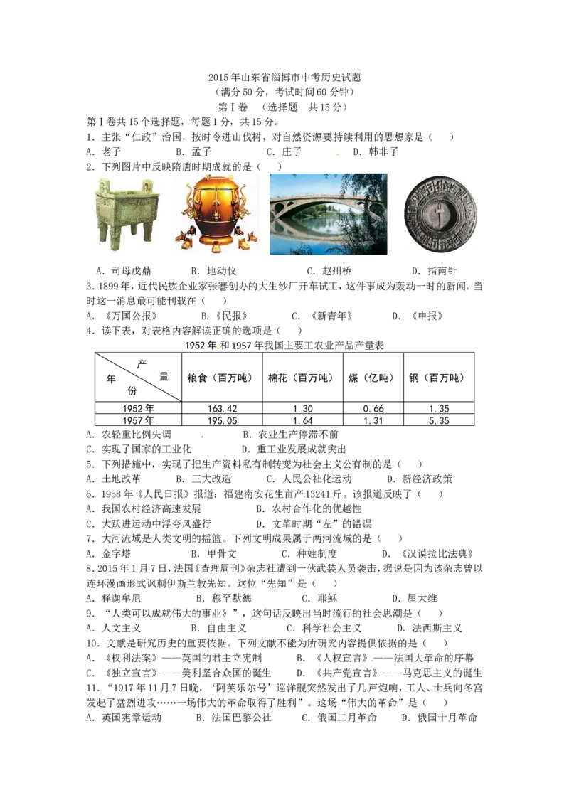 2015年山东淄博中考历史试题_中考真题_6.历史中考真题2015-2024年_地区卷_山东省_山东淄博历史10-21缺20