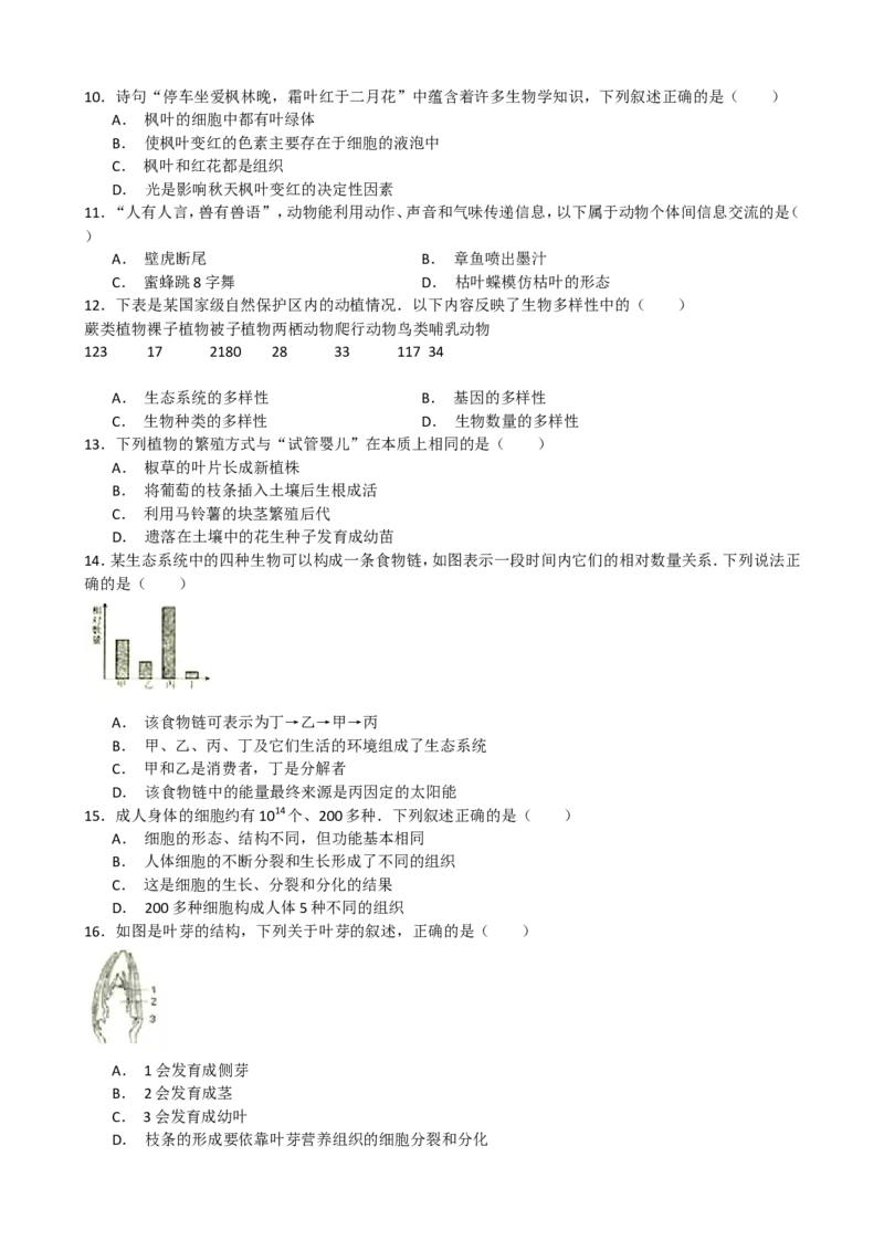 2015年山东青岛初中生物学业考试题及答案_中考真题_8.生物中考真题2015-2024年_地区卷_青岛生物