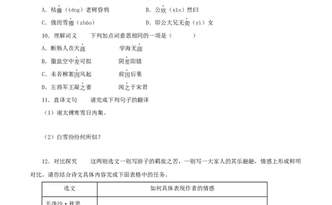 专题02咏雪（原卷版）（全国通用）_120中考语文全套复习_中考语文复习总复习_专项复习资料_完备战2024年中考语文之文言文讲义练习（全国通用）