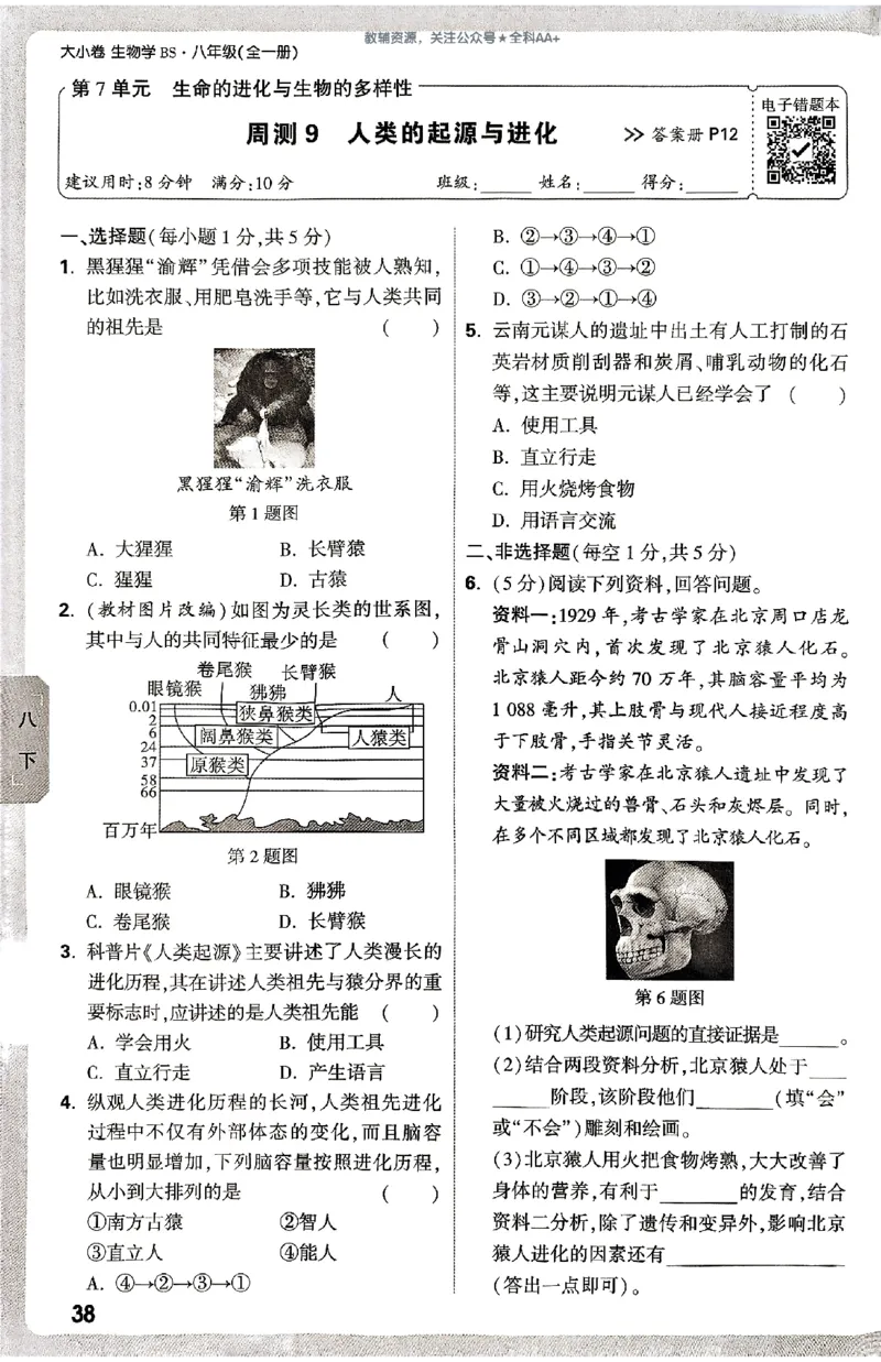 2026《万唯大小卷&bull;生物》8全周测小卷(北师)_2026万唯系列预习复习_2026版初中《万唯大小卷》8年级上册（全科多版本）_2026《万唯大小卷&bull;生物》8全(BS)