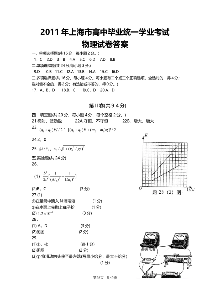 2011年高考物理试卷（上海）（解析卷）_1.高考2025全国各省真题+答案_01.2008-2024全国高考真题（按省份分类）_31.上海_2008-2024&middot;（上海）物理高考真题