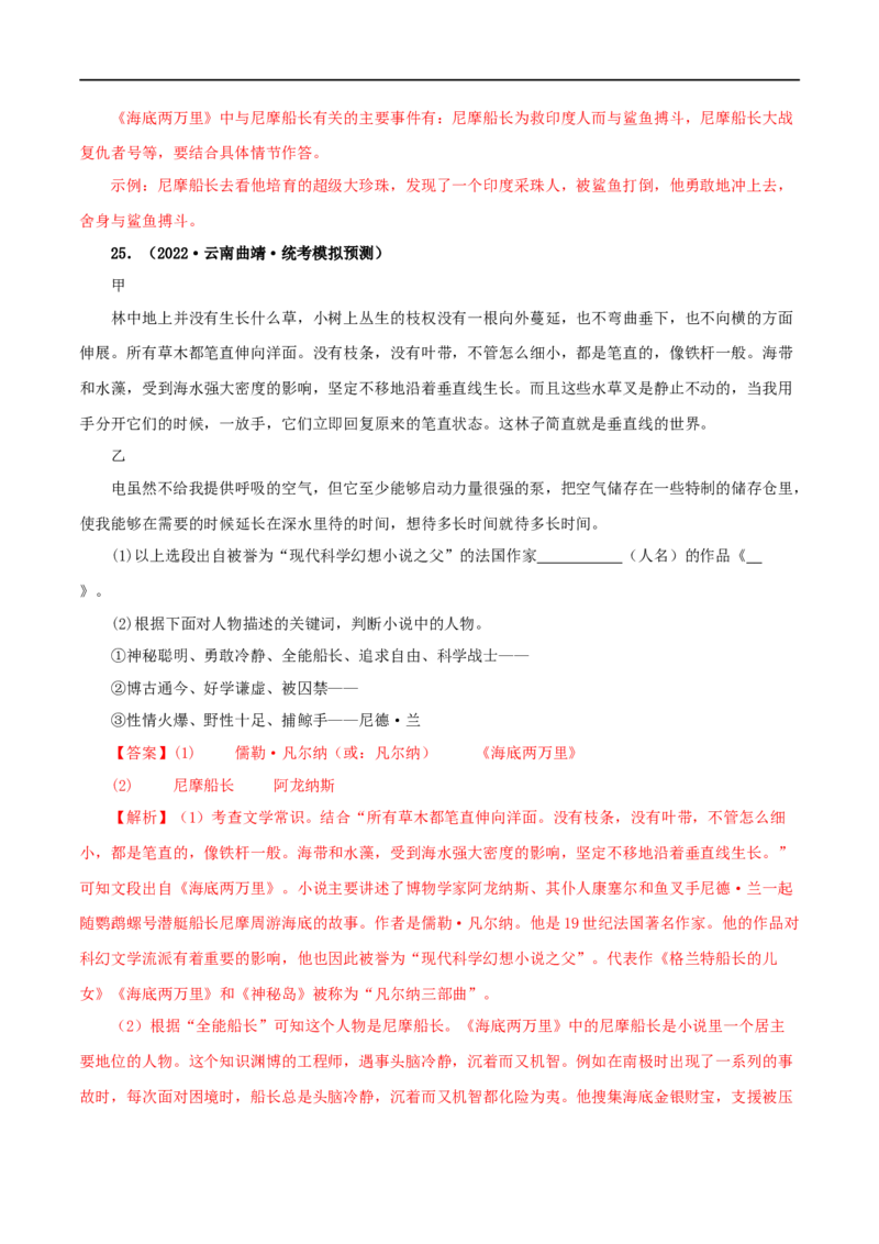 专题04《海底两万里》真题精练（单一题）（解析版）_120中考语文全套复习_中考语文复习总复习_专项复习资料_完2024年中考语文名著阅读知识知识梳理+真题练习_答案解析版