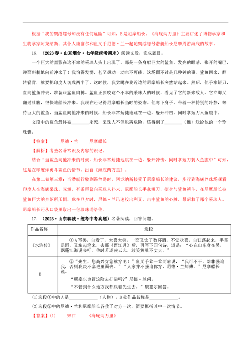 专题04《海底两万里》真题精练（单一题）（解析版）_120中考语文全套复习_中考语文复习总复习_专项复习资料_完2024年中考语文名著阅读知识知识梳理+真题练习_答案解析版