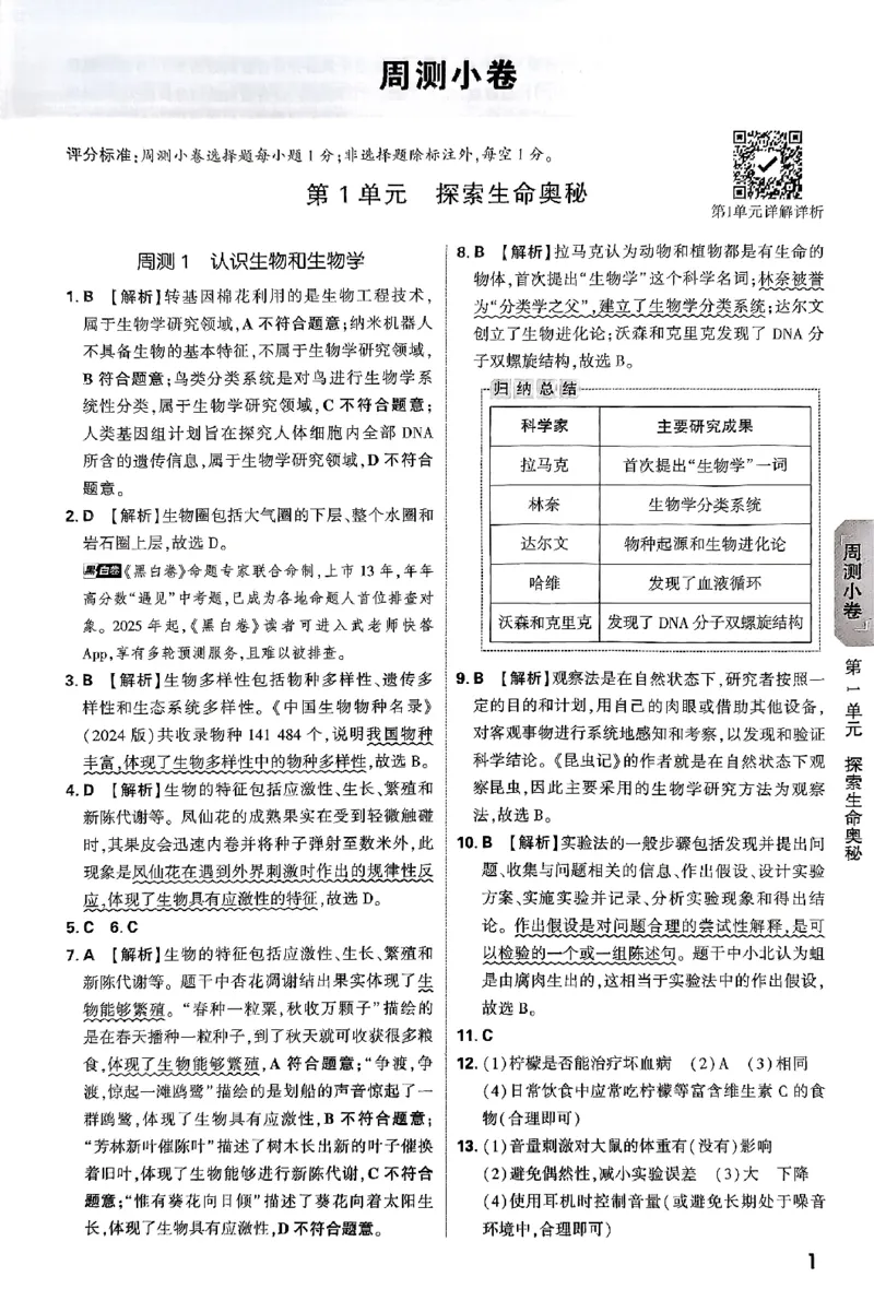 2026《万唯大小卷&bull;生物》7上参考答案(BS)_2026万唯系列预习复习_2026版初中《万唯大小卷》7年级上册（全科多版本）_2026《万唯大小卷&bull;生物》7上(BS)