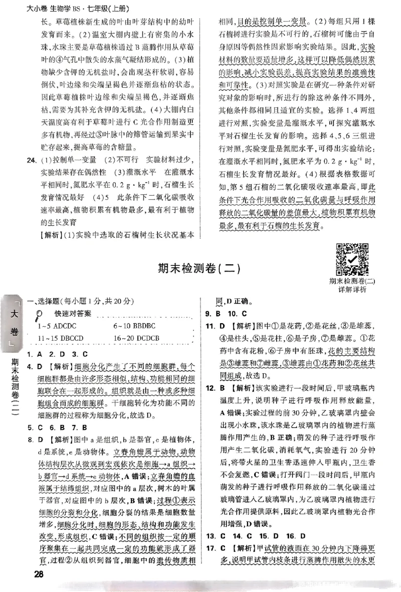 2026《万唯大小卷&bull;生物》7上参考答案(BS)_2026万唯系列预习复习_2026版初中《万唯大小卷》7年级上册（全科多版本）_2026《万唯大小卷&bull;生物》7上(BS)