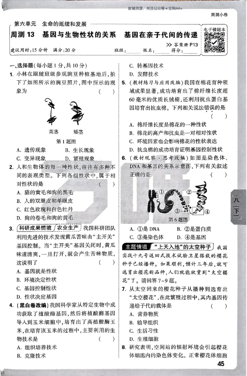 2026《万唯大小卷&bull;生物》8全周测小卷(RJ)_2026万唯系列预习复习_2026版初中《万唯大小卷》8年级上册（全科多版本）_2026《万唯大小卷&bull;生物》8全(RJ)