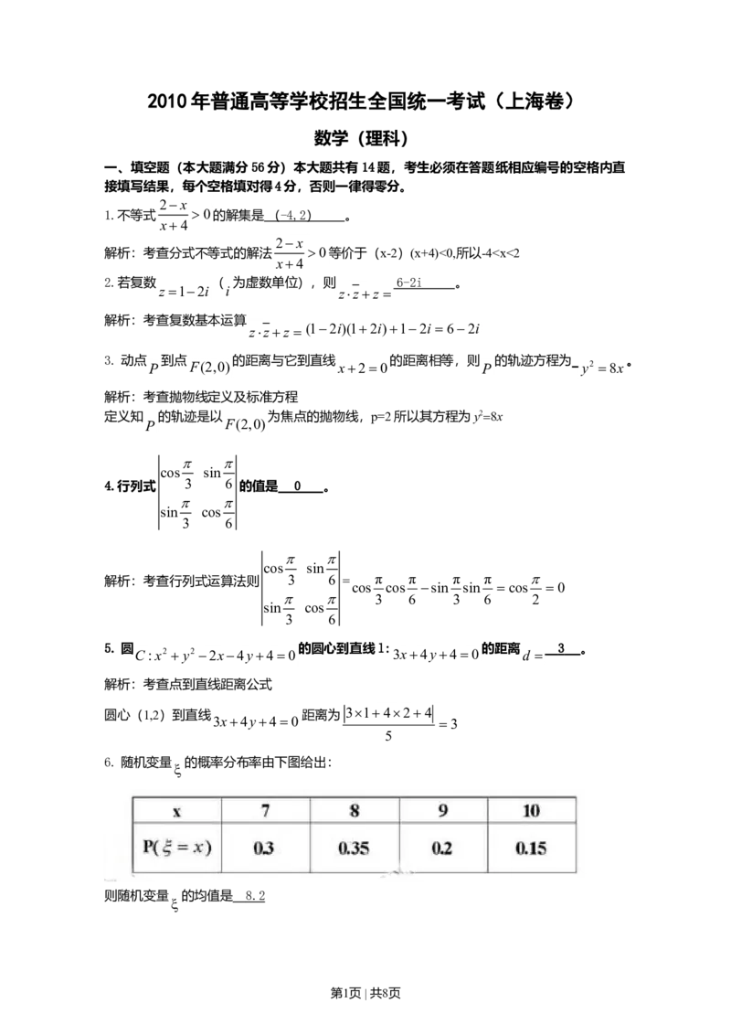 2010年高考数学试卷（理）（上海）（解析卷）_1.高考2025全国各省真题+答案_01.2008-2024全国高考真题（按省份分类）_31.上海_2008-2024&middot;（上海）数学高考真题