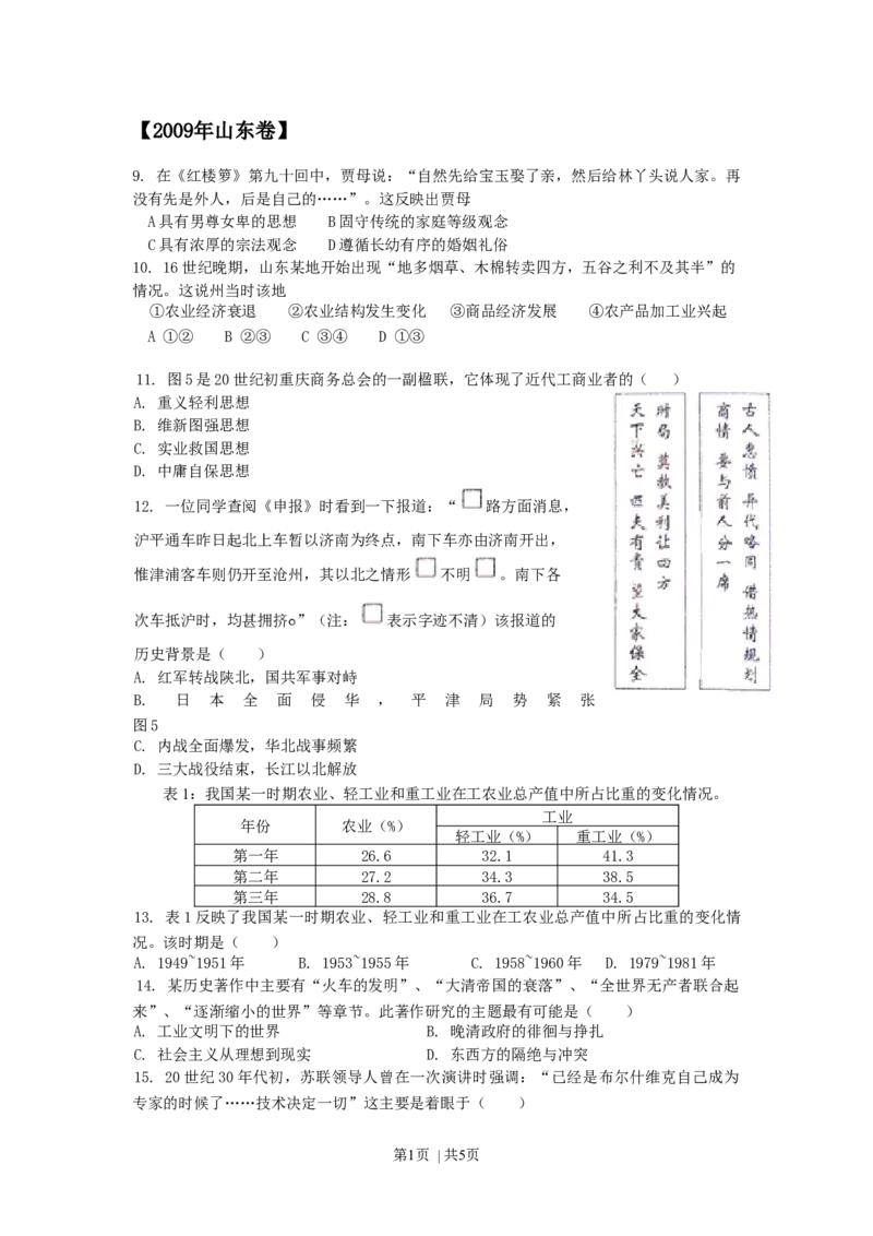 2009年高考历史试卷（山东）（空白卷）_1.高考2025全国各省真题+答案_01.2008-2024全国高考真题（按省份分类）_15.山东_2008-2024&middot;（山东）历史高考真题