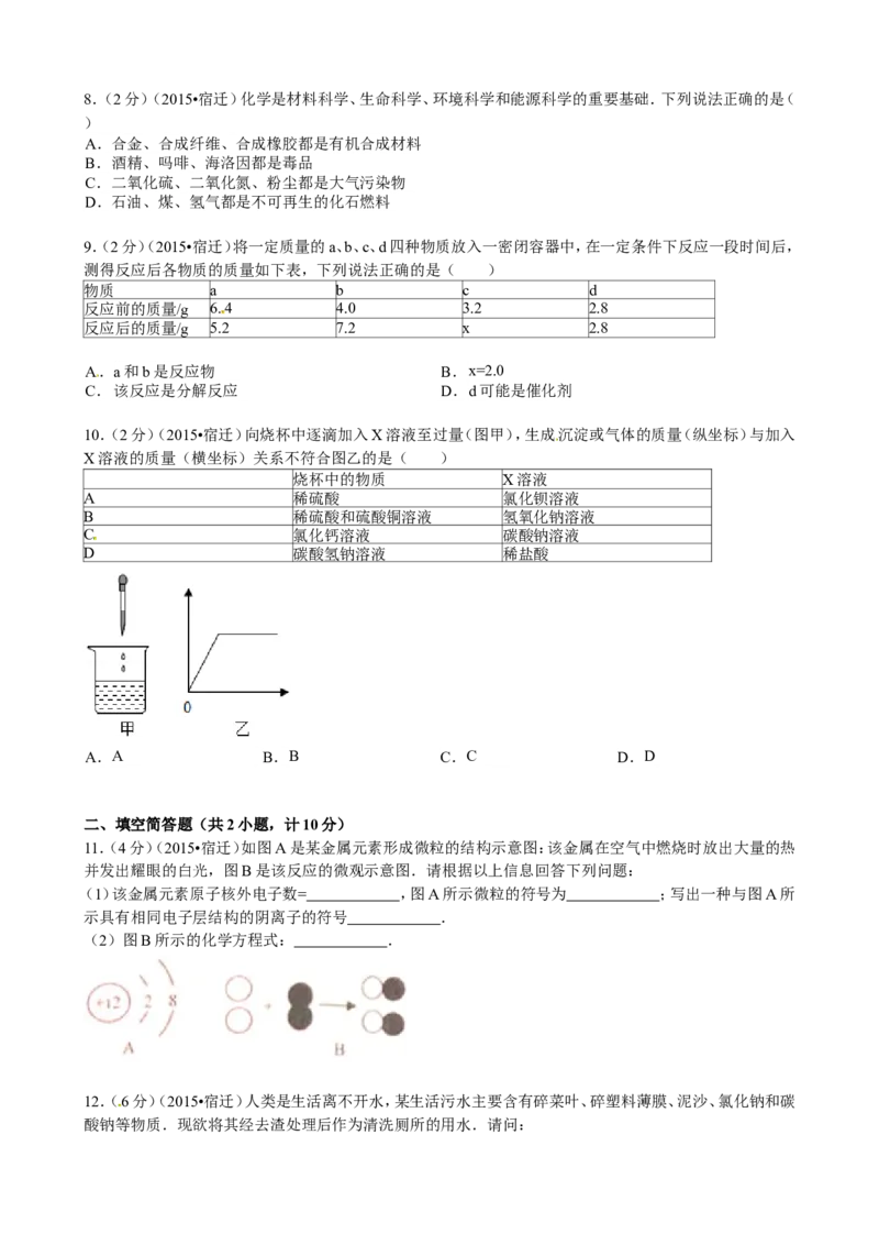 2015年江苏省宿迁市中考化学试题及答案_中考真题_5.化学中考真题2015-2024年_地区卷_江苏省_宿迁中考化学08-22