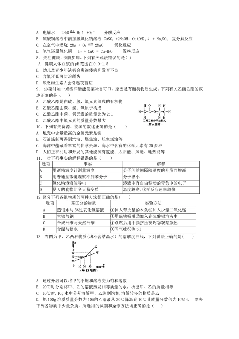 2016年哈尔滨市中考化学试题及答案_中考真题_5.化学中考真题2015-2024年_地区卷_黑龙江_哈尔滨中考化学08-21