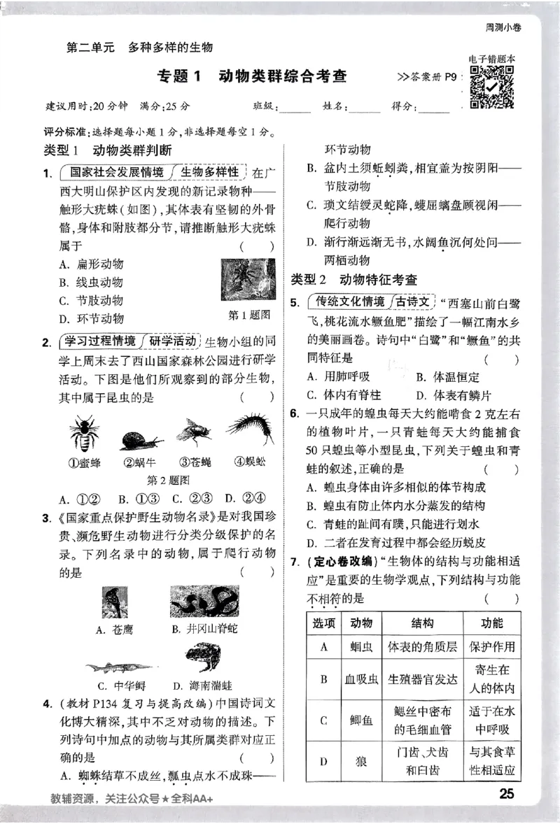 2026《万唯大小卷&bull;生物》7上周测小卷(RJ)_2026万唯系列预习复习_2026版初中《万唯大小卷》7年级上册（全科多版本）_2026《万唯大小卷&bull;生物》7上(RJ)