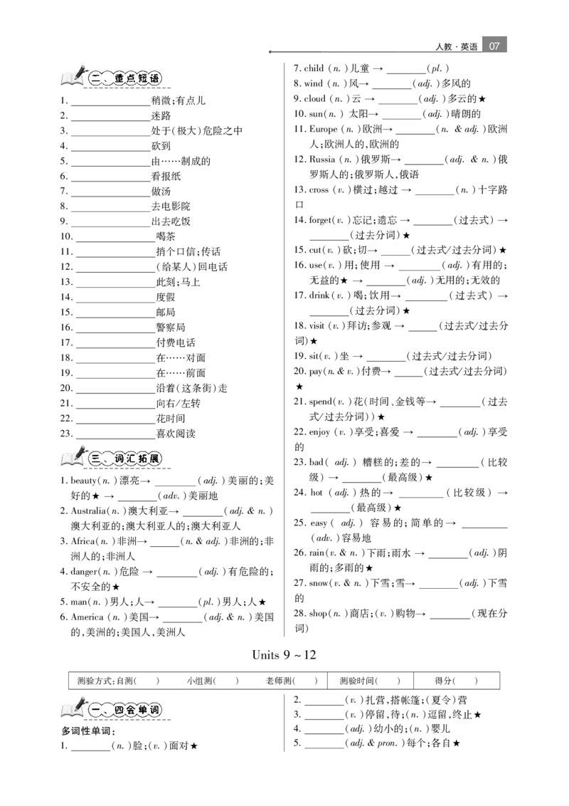 7年级人教单词默写本_初中英语语法_最全初中英语语法习题_No.26七年级单词默写纸