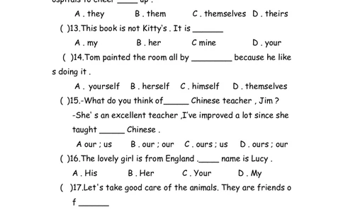 No.14人称物主反身代词练习题_初中英语语法_最全初中英语语法习题_No.14人称物主反身代词练习题