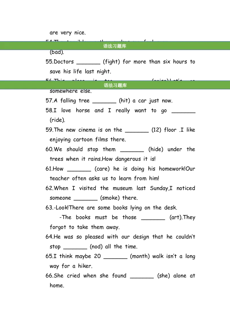 No.188适当形式填空100题④_初中英语语法_最全初中英语语法习题_No.188适当形式填空100题④