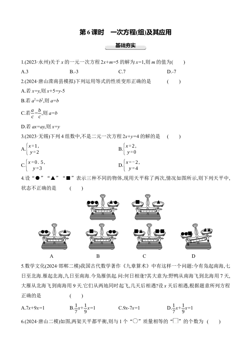 第06课时　一次方程(组)及其应用2025年中考数学一轮专题复习强化练习（含答案）_2数学总复习_2025中考复习资料_2025年中考数学一轮专题复习强化练习（含答案）