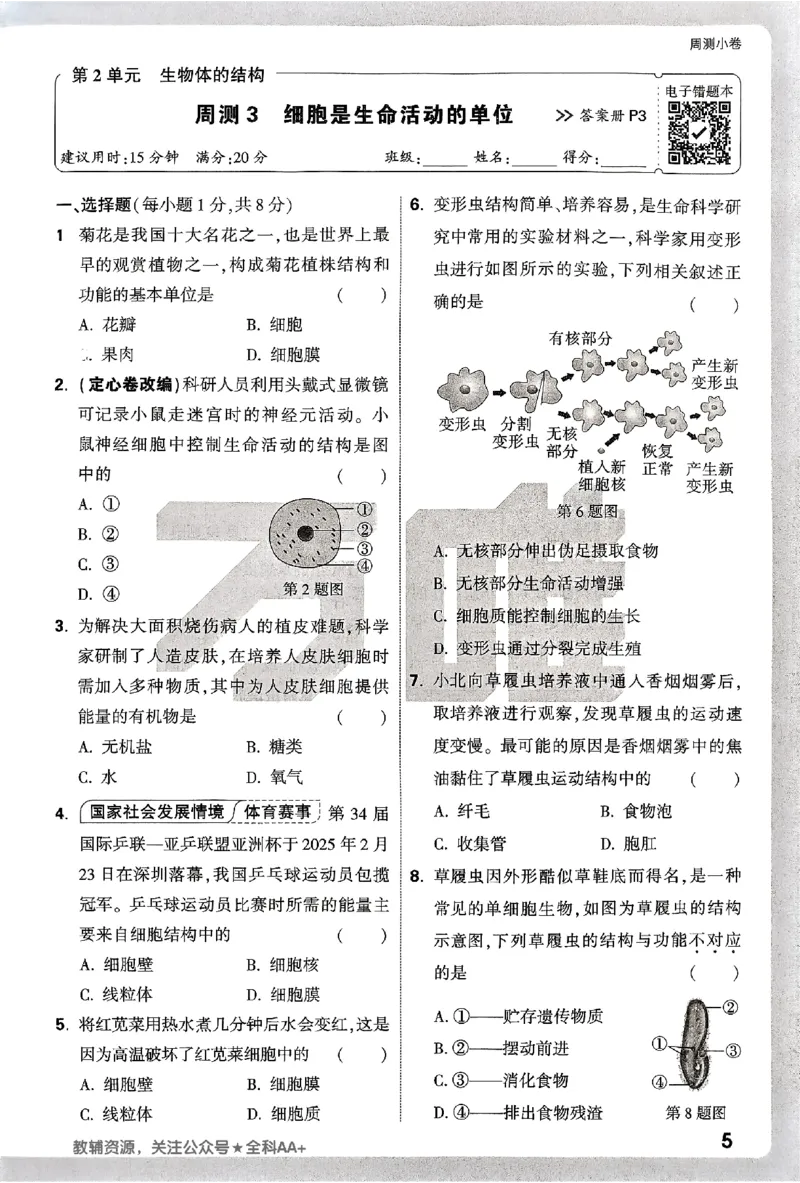 2026《万唯大小卷&bull;生物》7上周测小卷(BS)_2026万唯系列预习复习_2026版初中《万唯大小卷》7年级上册（全科多版本）_2026《万唯大小卷&bull;生物》7上(BS)