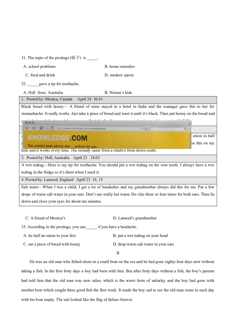 2015年中考真题精品解析英语（丽水卷）精编word版（原卷版）_中考真题_3.英语中考真题2015-2024年_2015年全国中考YINGYU144份_2015年中考真题精品解析英语（丽水卷）精编word版