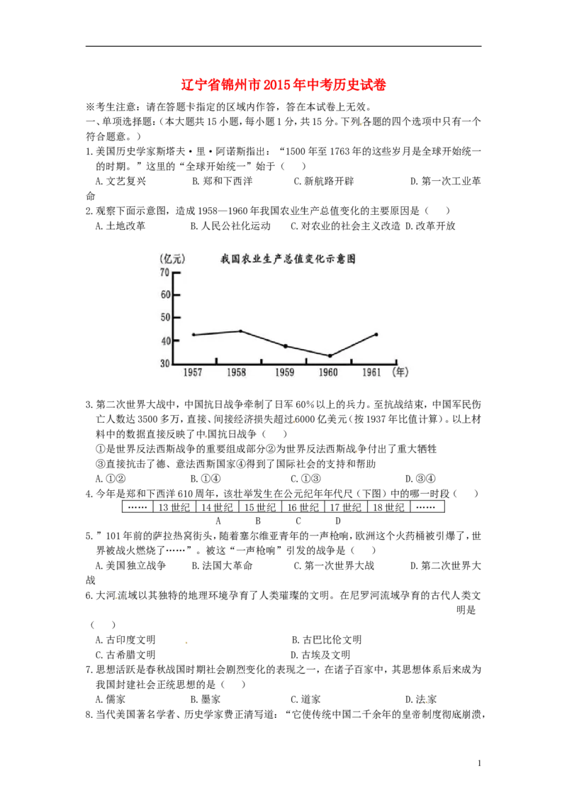 2015年辽宁省锦州市中考历史真题试题（含答案）_中考真题_6.历史中考真题2015-2024年_地区卷_辽宁历史_辽宁历史_锦州历史15、19-21