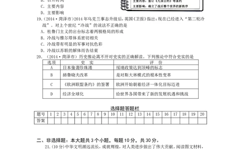 2014年菏泽市中考历史试题含答案_中考真题_6.历史中考真题2015-2024年_地区卷_山东省_菏泽历史10-21