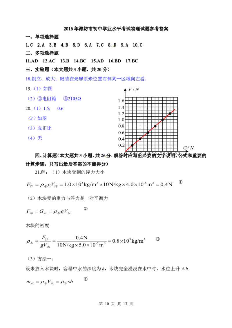 2015年山东潍坊市中考物理真word版含答案_中考真题_4.物理中考真题2015-2024年_地区卷_山东省_山东潍坊中考物理08-21