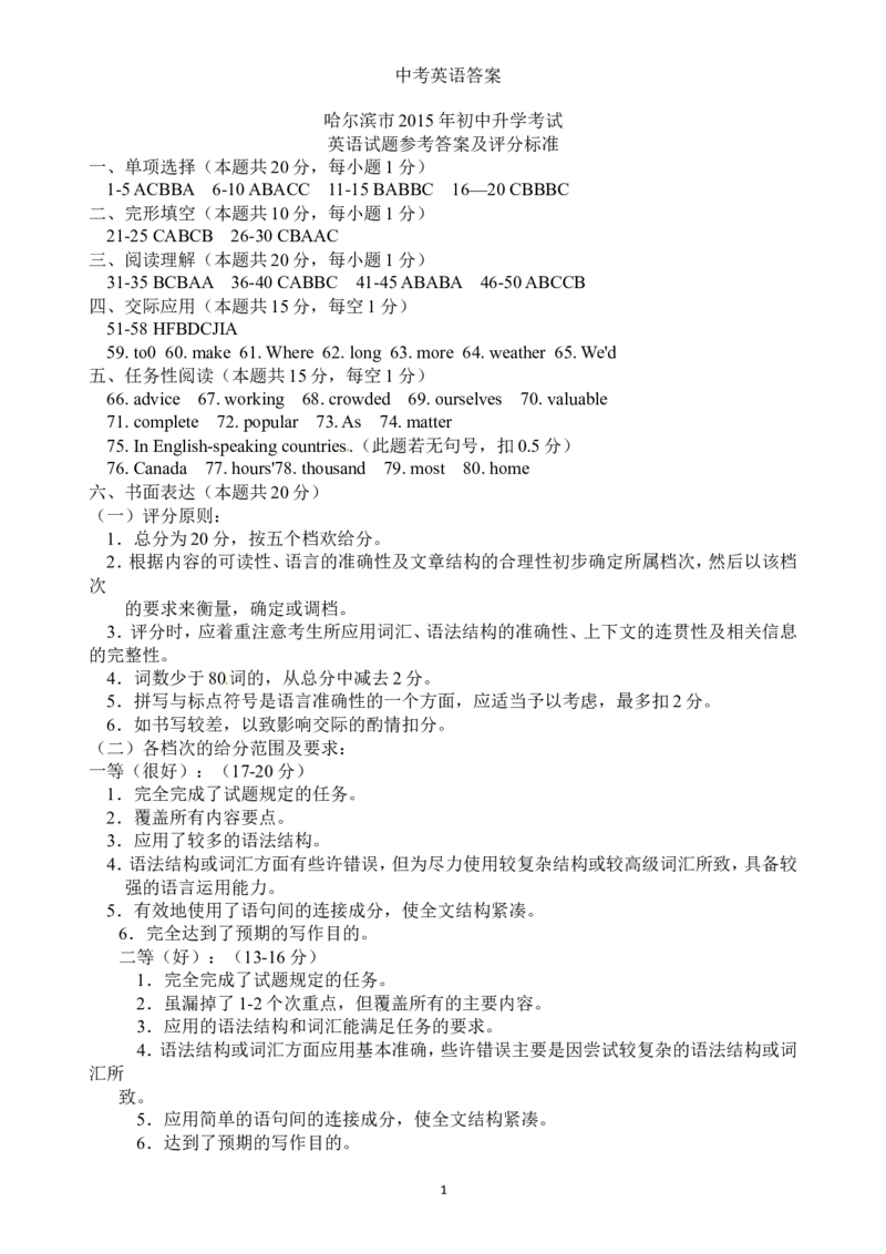2015年哈尔滨市中考英语试题及答案(WORD版)_中考真题_3.英语中考真题2015-2024年_地区卷_黑龙江_黑龙江哈尔滨中考英语