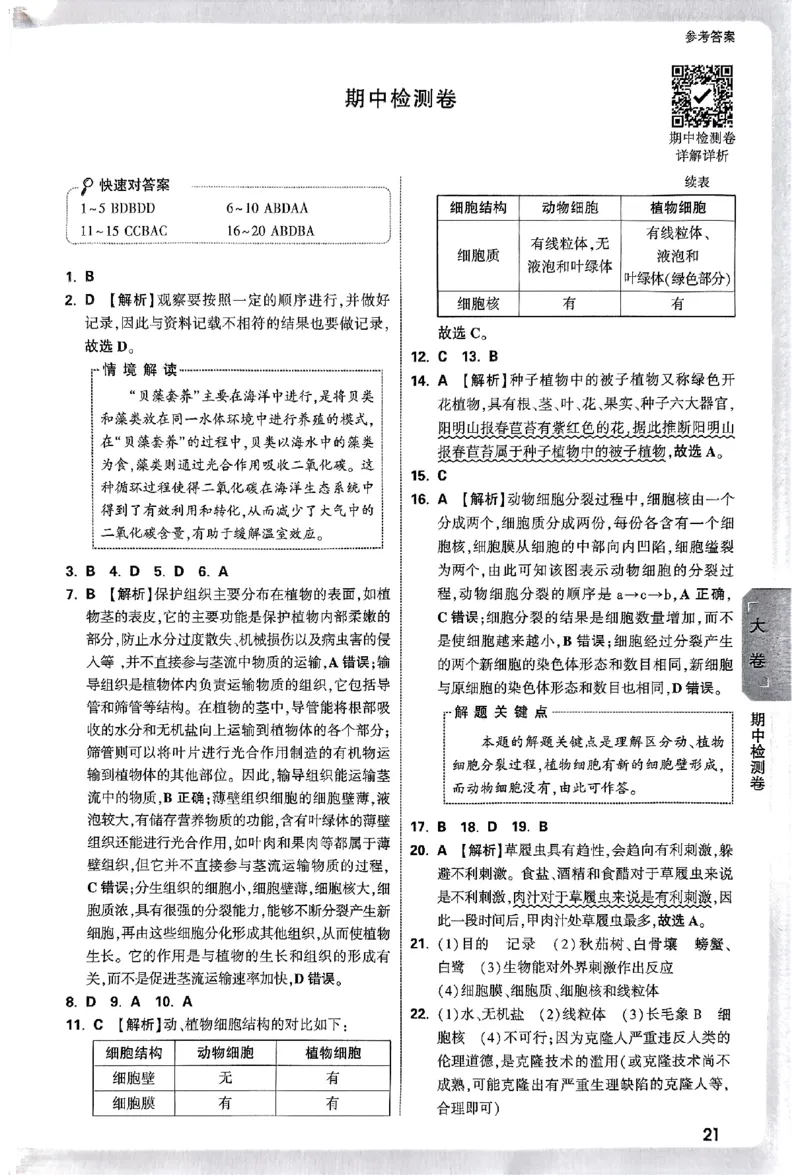 2026《万唯大小卷&bull;生物》7上参考答案(RJ)_2026万唯系列预习复习_2026版初中《万唯大小卷》7年级上册（全科多版本）_2026《万唯大小卷&bull;生物》7上(RJ)