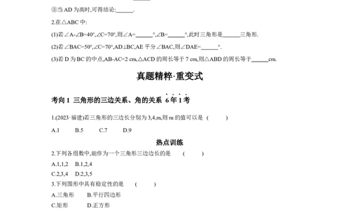 第四章三角形第2节一般三角形及其性质学案（含答案）2025年中考数学人教版一轮复习_2数学总复习_2025中考复习资料_2025年人教版中考数学一轮复习学案(含答案)