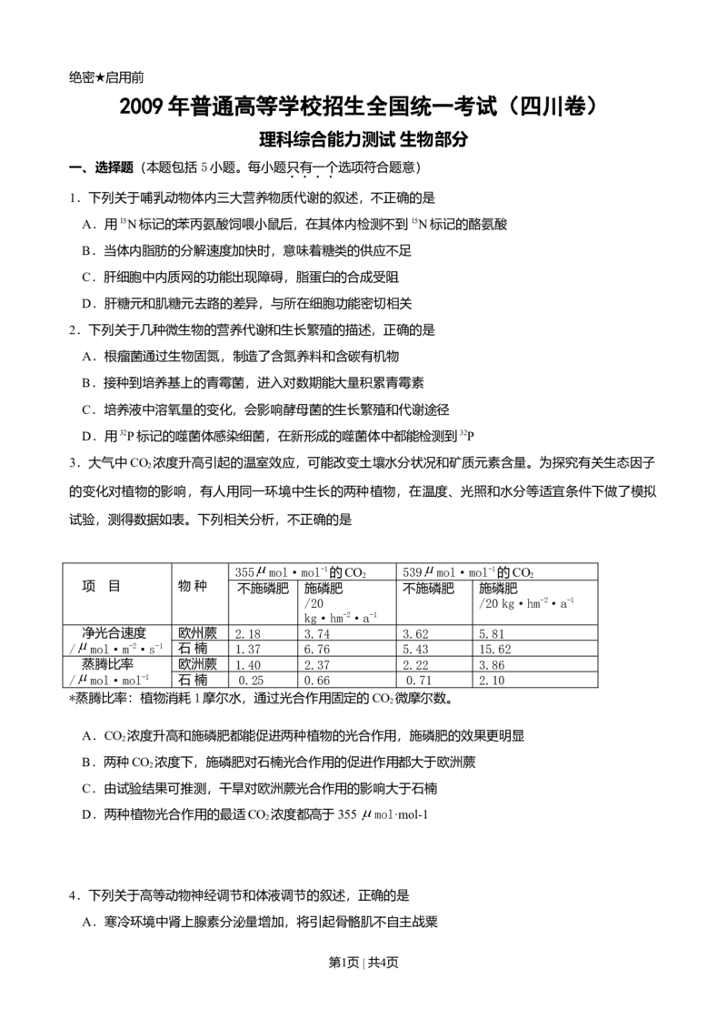 2009年高考生物试卷（四川）（空白卷）_1.高考2025全国各省真题+答案_01.2008-2024全国高考真题（按省份分类）_18.四川_2008-2024&middot;（四川）生物高考真题