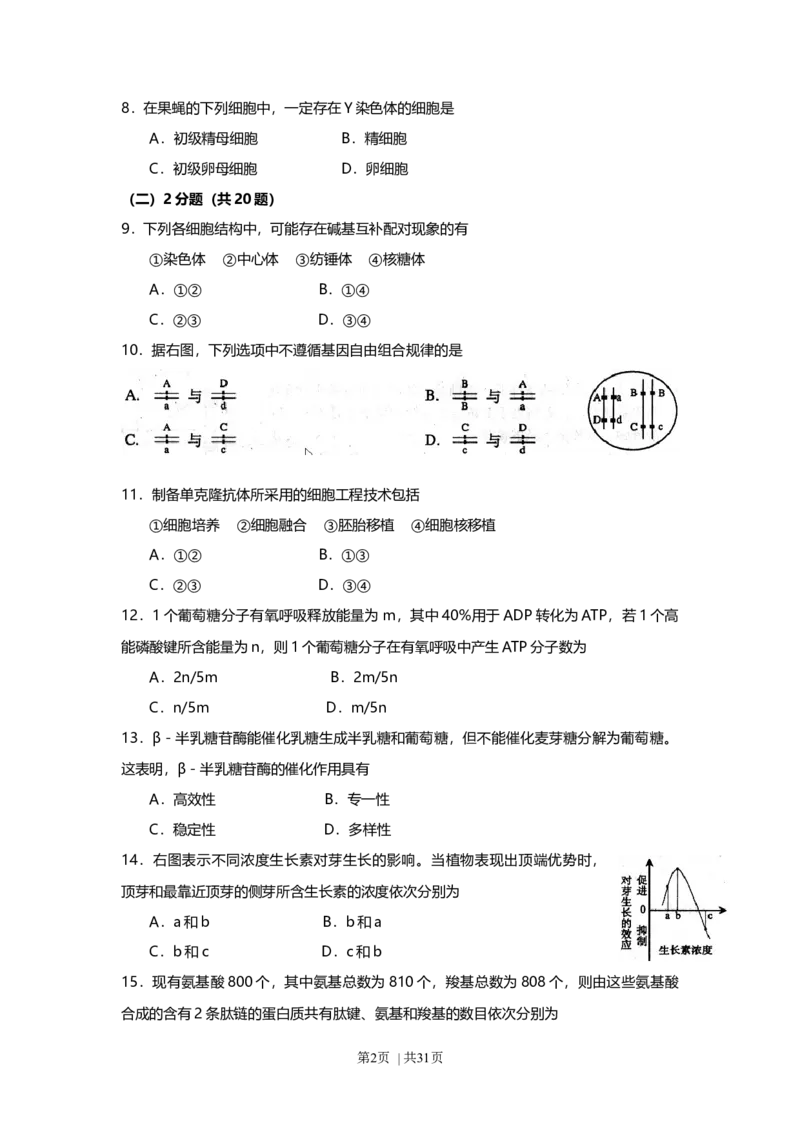 2008年高考生物试卷（上海）（解析卷）_1.高考2025全国各省真题+答案_01.2008-2024全国高考真题（按省份分类）_31.上海_2008-2022&middot;（上海）生物高考真题