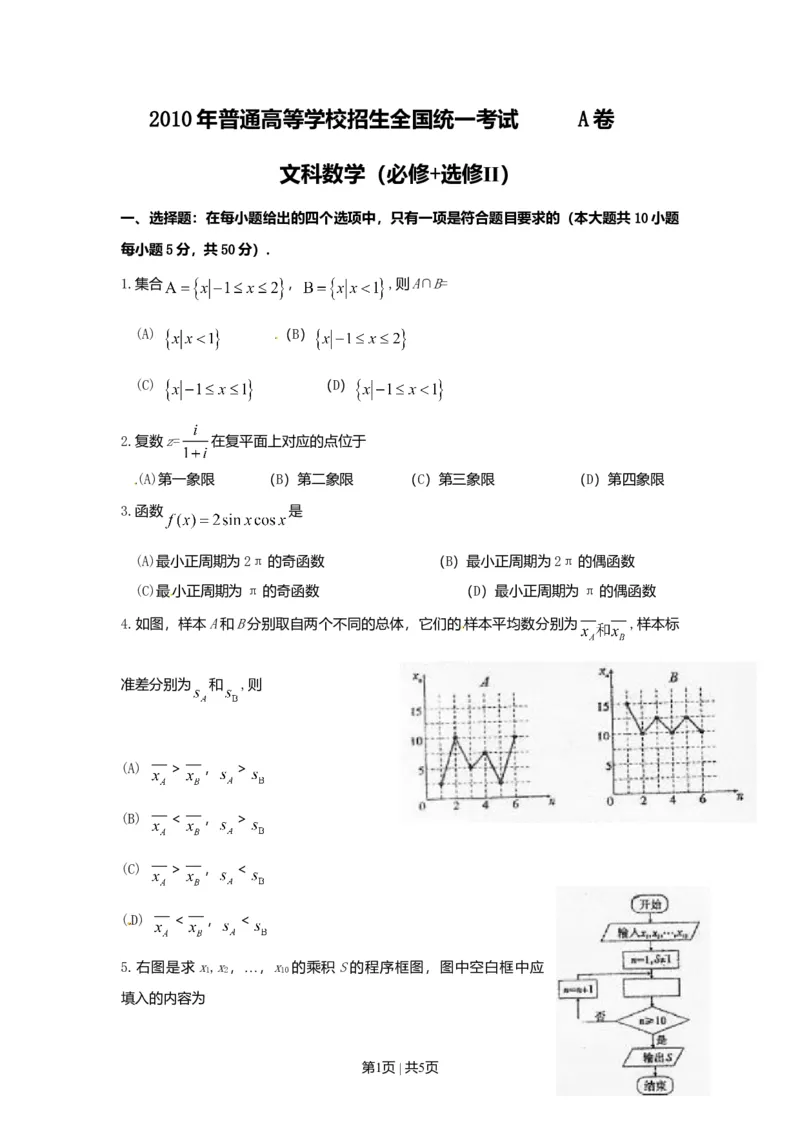 2010年高考数学试卷（文）（陕西）（空白卷）_1.高考2025全国各省真题+答案_01.2008-2024全国高考真题（按省份分类）_17.陕西_2008-2024&middot;（陕西）数学高考真题