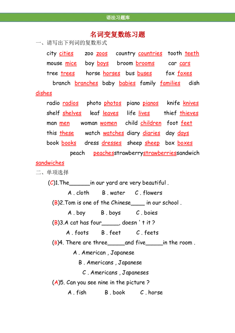 No.1名词变复数练习答案解析_初中英语语法_最全初中英语语法习题_No.1名词变复数练习