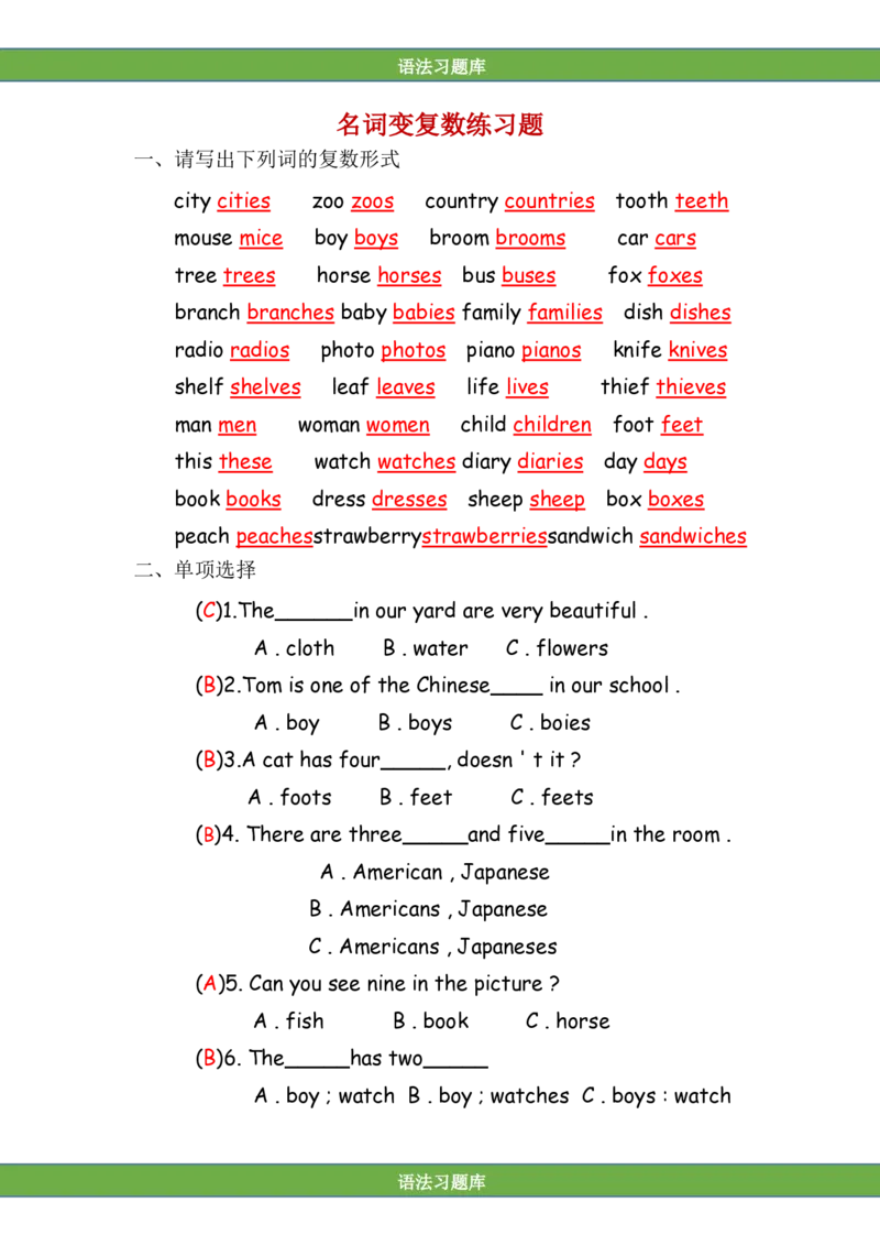 No.1名词变复数练习答案解析_初中英语语法_最全初中英语语法习题_No.1名词变复数练习