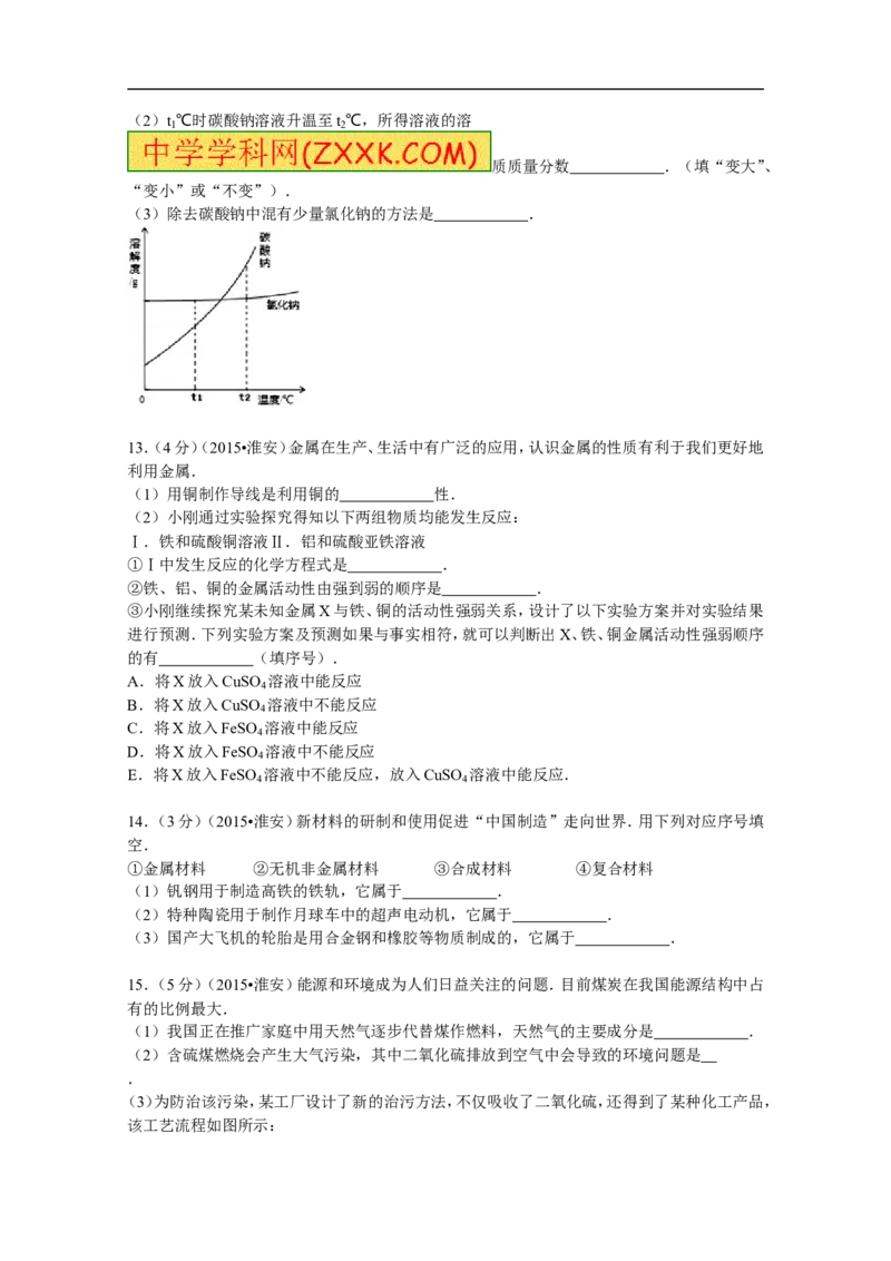 2015年江苏淮安化学试卷+答案（word整理版）_中考真题_5.化学中考真题2015-2024年_地区卷_江苏省_江苏淮安化学