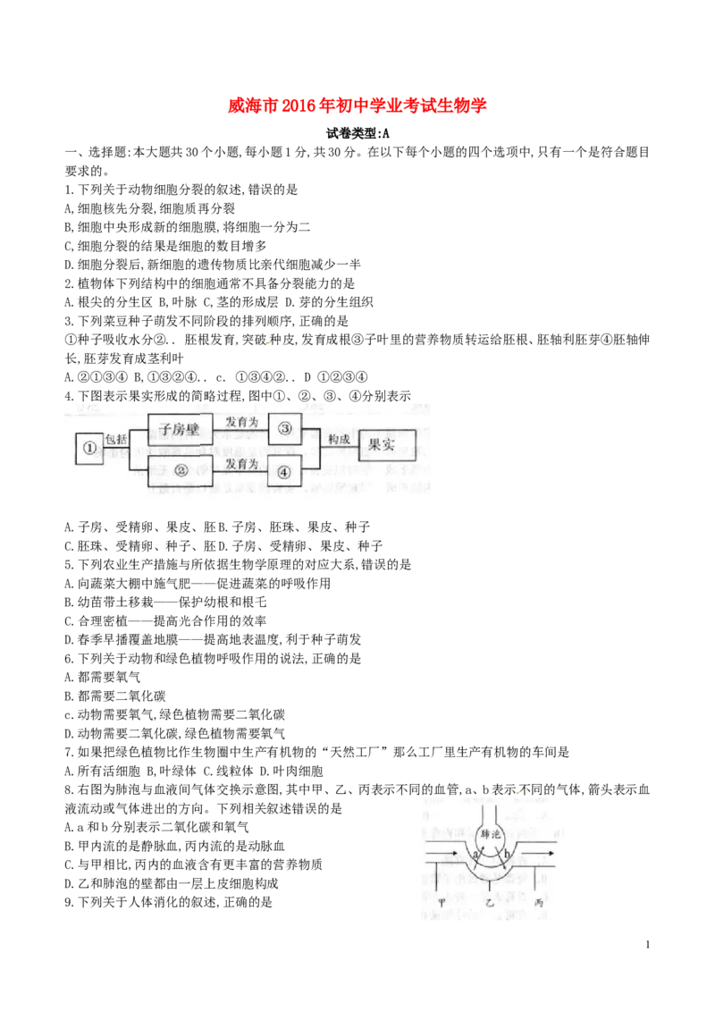 2016年威海市中考生物试题及答案_中考真题_8.生物中考真题2015-2024年_地区卷_山东省_山东威海生物12-20